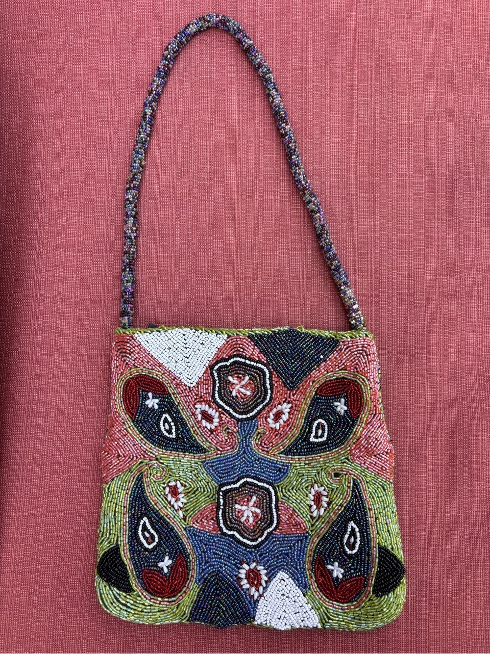 Vintage Handmade Fully Beaded Shoulder Bag Art Deco Boho Tapestry Multicolor